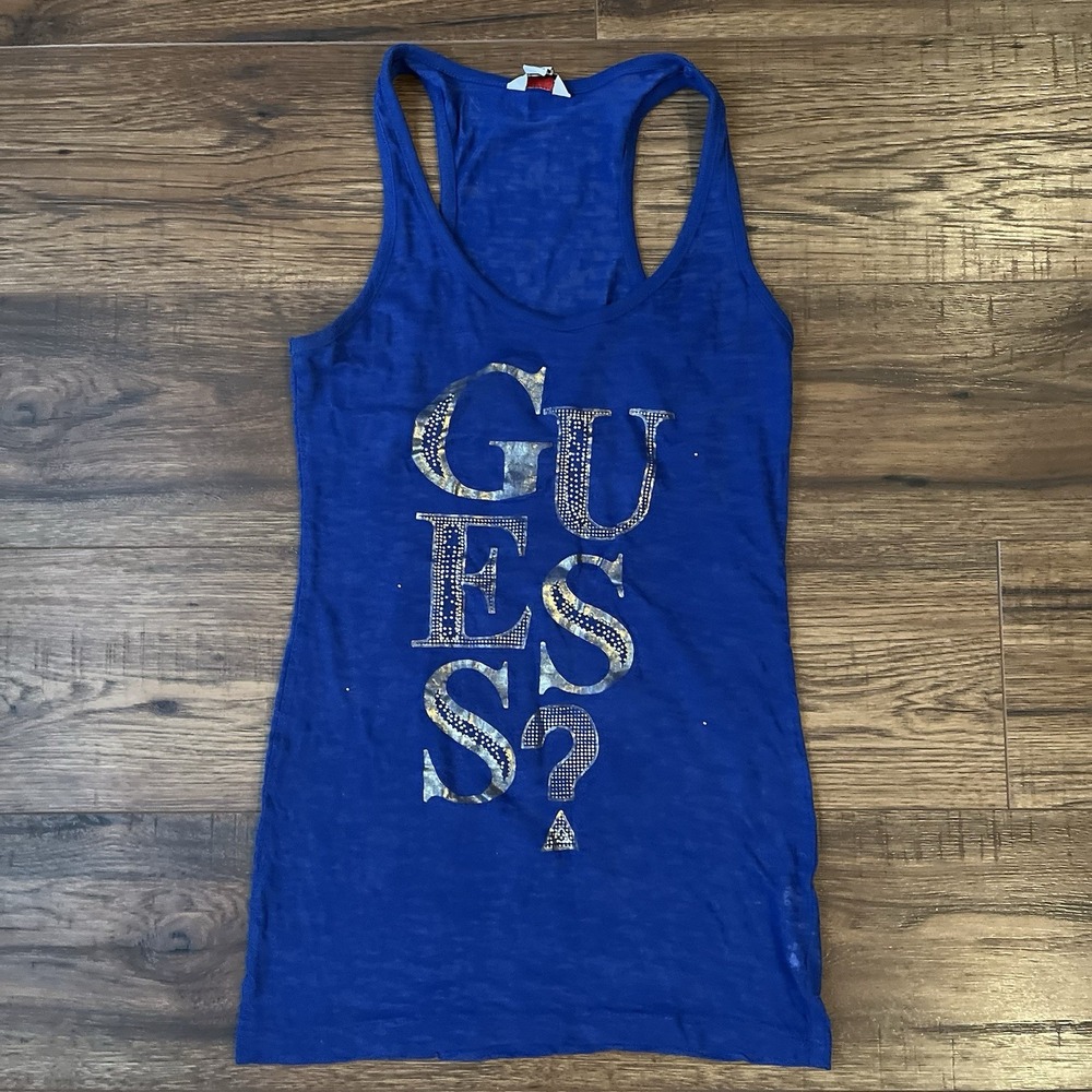 Vintage Y2K Blue Guess Mcbling‎ Lace Racer Back Rhinestone Tank Top Baddie 2000s